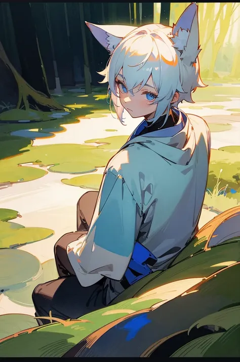 Boy with fox ears, white hair and big blue eyes with lots of reflections and lights in them, dressed in a humble medieval way, sitting on the ground of the beautiful forest, looking back. Super detailed drawing with lots of lights and shading, angle very c...