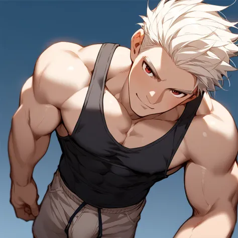 score_9, score_8_up, score_7_up, rating_explicit, source_anime, man, white hair, red eyes, Ring jumps, muscular, Black tank top, sexy look, sexy pose, biceps, above angle