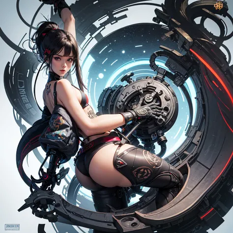 Master piece, best quality, graphics, colors and textures, cyber tattoed girl, precious face and body, big and rounded ass, mechanical body parts in a tattoo studio