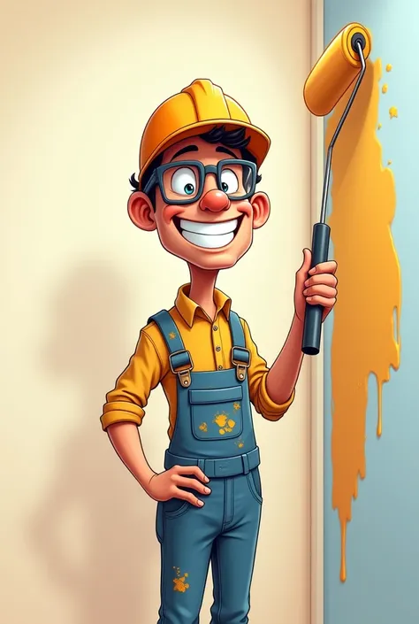 Man painting wall with roller and PPE, with paint-stained clothes and smiling in cartoon style