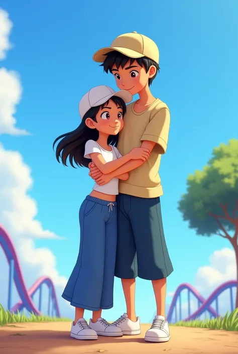 Disney image style , Girl with a short white shirt that reaches her navel, she also wears long, wide blue pants and white sneakers, she also wears a white cap with her loose hair that reaches her waist. Next to her, she will hug the boy who is hugging her ...