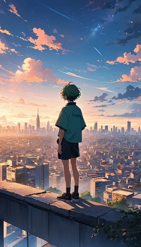 anime boy standing on a ledge looking at the city, anime art wallpaper 8 k, anime art wallpaper 4 k, anime art wallpaper 4k, makoto shinkai cyril rolando, anime wallpaper 4 k, anime wallpaper 4k, 4k anime wallpaper, anime aesthetic, anime style 4 k, anime ...