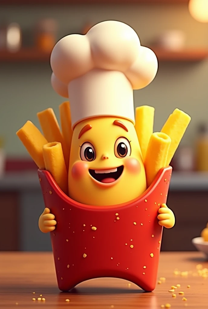 A smiling French fries with an animated chef hat