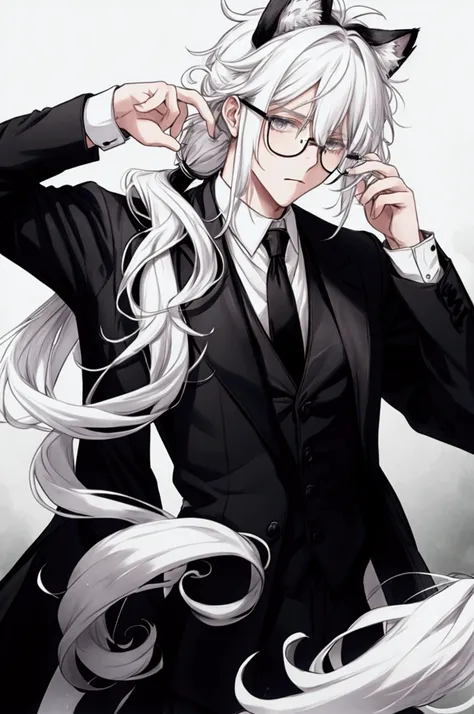 Guy, white hair, long hair, fluffy and messy hair, low ponytail, wears black glasses, wears white button shirt with black tie, has animal ears 