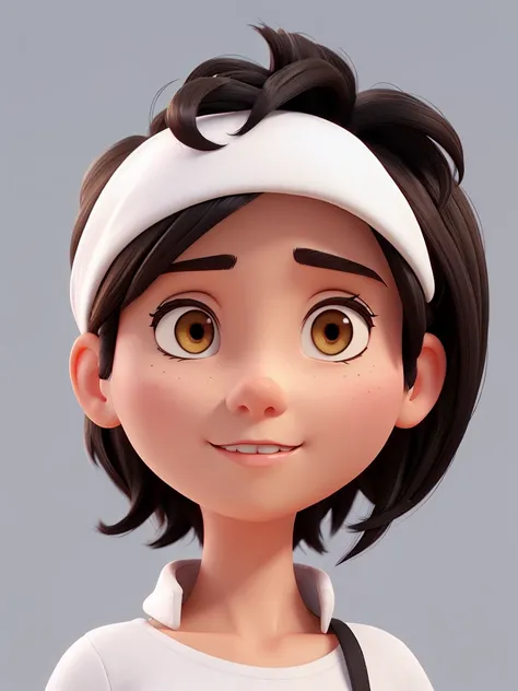 Cartoon 3d, white background, adult woman, very short black hair, big brown eyes happy