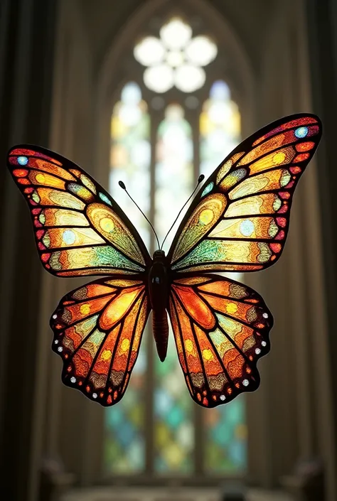 Butterfly with glass wings with illustrations on the wings in church stained glass style