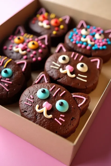 A box of cat-shaped brownies with colorful toppings. That they are inside a box 6 broqnies, the image in horizontal format



