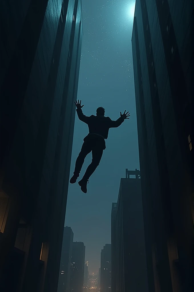 A man is falling down from a building. It is night. He is facing forward