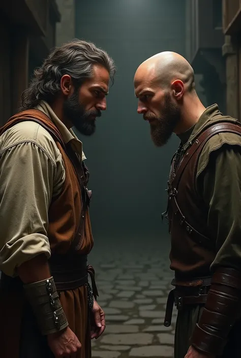 A man with hair says to another bald man "what did you say?" In Medieval style