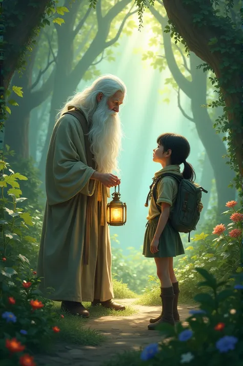 A magical guardian with a long white beard and a scout girl in a magical forest 
