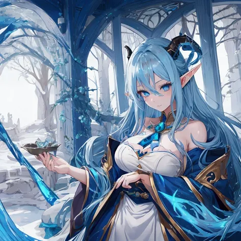 create a beautiful anime girl . light blue eyes , long blue hair , is raiding dark blue dragon , sparkling skin , beautiful colors, sharp 8k  remove the horns and keep the elf ears add . change the cloths into see throw cloths 