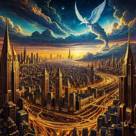 A painting of a city with angels flying around, internal、Empyrean City.Luxury Bank、golden cityscape, , Esoteric equation heaven, heaven on earth, Art, breathtaking,, Apocalyptic City, City in the clouds, Elaborate dark paint