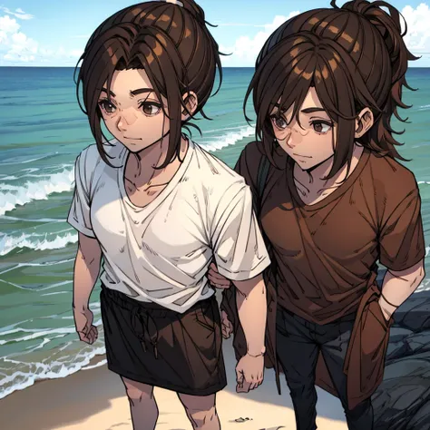 A beach man with a shirt, brown hair tied up, fully body