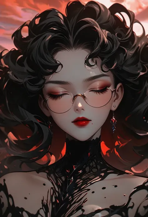 slightly curly hair, rimless eyewear, small spots under the corners of the mouth, / Note lilac earrings, mouth slightly closed, Red lips, Surrealism, high détail, strong chiaroscuro, film grain, panorama, ultra high definition, precise, texturized skin.