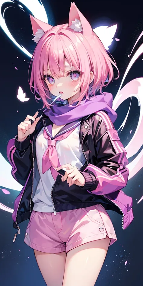 Very beautiful and Shining Eyes、Shining Eyes、1 person、Small breasts、Big Mouth、high school girl、Small breasts、Cat ear、Transparent pink short hair、scarf、Oversized jacket、hot pants、Near future、neon