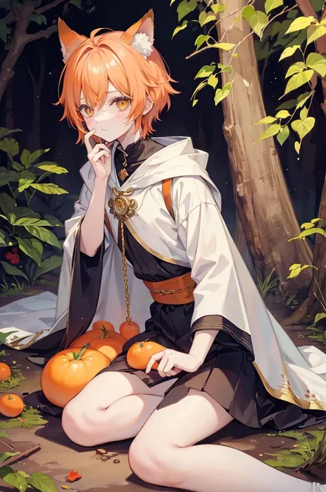 Boy with fox ears instead of human ears, short orange hair and big golden eyes with lots of highlights and lights in them, dressed in a humble medieval way, sitting on the ground of the beautiful forest, looking back. Super detailed drawing with lots of li...