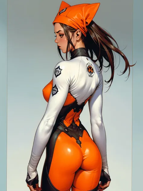 (((back view))), (((perfect ass))), (best qualityer))), ((redheadwear)), (((short arms))), ((( bike rider suit ))), (((bandaged arms))), ((high collar)), (((light blue with orange details))), (((best qualityer: 1.4))), (Unbeatable masterpiece), (hiper HD),...