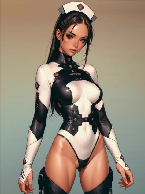 (((short arms))), ((( nurse suit ))), (((bandaged arms))), ((high collar)), (((black with red details))), (((best qualityer: 1.4))), (Unbeatable masterpiece), (hiper HD),(CG 8k hyper-realistic), (((brave face))), (((breasts big))), (((hyper feminine))), se...