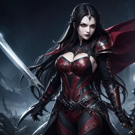 gothic vampire woman with armor and sword in victorious pose