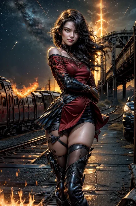 (masterpiece, best quality:1.2), cowboy shot, solo, 1girl, cinder fall, looking at viewer, long hair, red dress, elbow gloves, pantyhose, dynamic pose, next to wrecked bridge, wrecked train, holding fire, night, stars, closed mouth, evil smile, post-apocal...