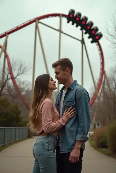 raffe and a woman standing in front of a roller coaster, Profile picture, Jordan Grimmer and Natasha Tan, Tyler Edlin and Natasha Tan, soft on _ the bottom, thin and tall, couple pose, with her long, taken in 2 0 2 0, parque en the bottom, Profile picture,...