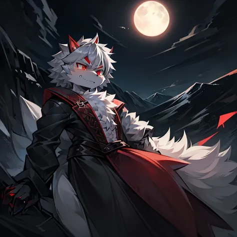 single, white furry, male, , (High quality), 4K, Upscale, thick gray hair, nice body, angry expression, red eyes, hilltop, night, full moon.