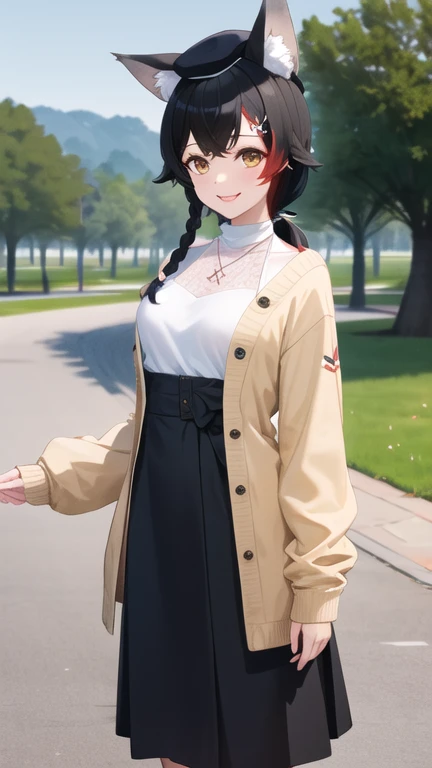 masterpiece, best quality, highres, miosha1, hairclip, side braid, ponytail, hat, beret, wolf tail, breasts, high-waist skirt, black skirt, white shirt, necklace, sleeveless shirt, brown cardigan, cowboy shot, standing, outdoors, looking at viewer, smile