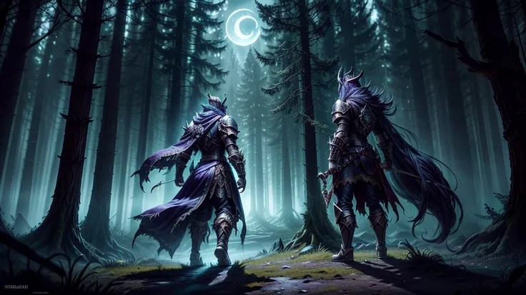 Prompt 1: The Battle Preparation (World of Warcraft Style) Description: A dark, mystical forest at night, lit by a crescent moon. Heavily armored characters, resembling heroes from World of Warcraft, prepare for battle. Their armor is ornate, oversized, an...