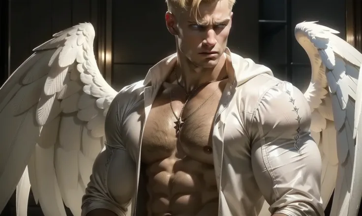 [((highly detailed, detailed eyes, detailed face, clear and realistic facial features, photorealistic, realistic light, cinematic, facing the viewer)), (1 man), (((((Gorgeous sexy powerful masculine male angel))))), (((two wings, both wings showing behind ...