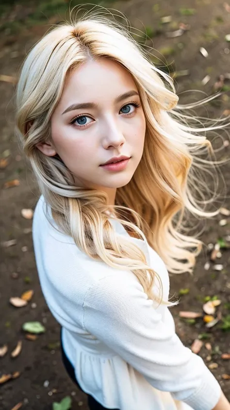 (from above), foreground: a beautiful light blonde European woman, 23 years, wavy hair in the wind. she is a men&#39;s magazine model, He has a subtle smile and flirts with the camera., (with a cropped wool cardigan and leather pants:1.2), ski resort sunse...