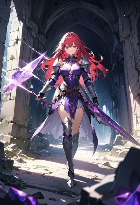 4k,hight resolution,One Woman,Bright red hair,Longhaire,red eyes,knights,white sacred armor,jewel decorations,Big sword,medieval town,furious,((dark cave,ruin place)),((purple crystal)),((purple crystal)),((purple crystal)),((purple crystal)),