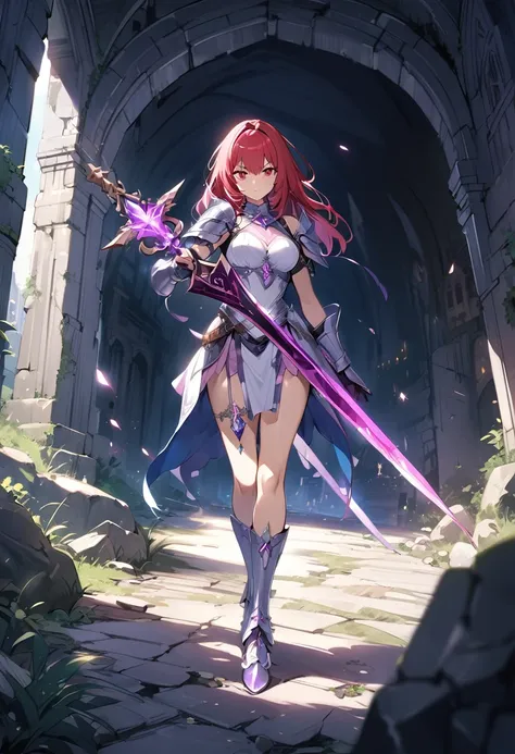 4k,hight resolution,One Woman,Bright red hair,Longhaire,red eyes,knights,white sacred armor,jewel decorations,Big sword,medieval town,furious,((dark cave,ruin place)),((purple crystal)),((purple crystal)),((purple crystal)),((purple crystal)),