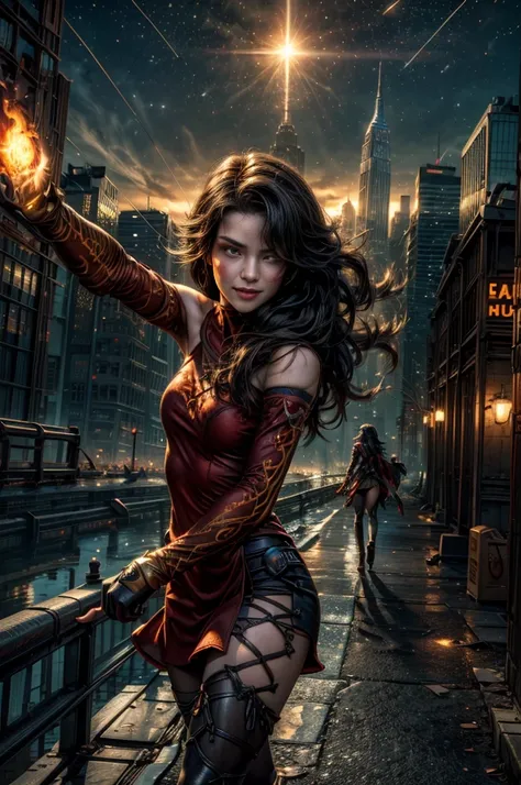 (masterpiece, best quality:1.2), cowboy shot, solo, 1girl, cinder fall, looking at viewer, long hair, red dress, elbow gloves, pantyhose, dynamic pose, next to wrecked bridge, wrecked skyscrapers, holding fire, night, stars, evil smile, post-apocalypse, dy...