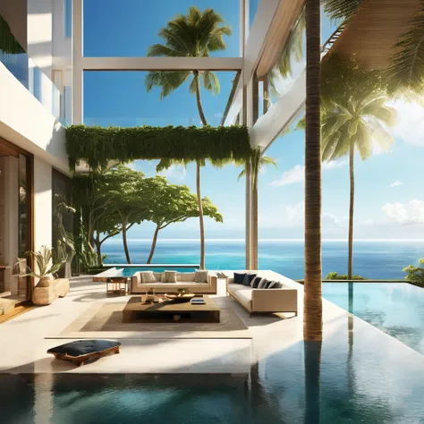 a modern luxury mansion with an infinity pool overlooking the ocean, floor-to-ceiling windows, and a sleek, minimalist interior ...