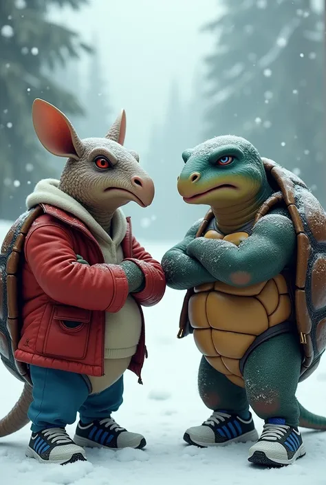 An armadillo and a turtle standing with their arms crossed in the snow, with running shoes. The armadillo will have red eyes and the turtle will have blue eyes, they will be wearing a Mexican jacket. The armadillo and the turtle are adults and have a gangs...