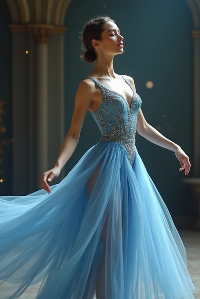 beautiful classical ballet dancer in a studded blue dress 