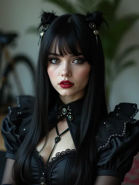 Image is a portrait-style photograph featuring a gorgoeous 24 years old woman with fair skin and dark hair. She has straight bangs and her hair is adorned with two decorative hairpins. She is wearing a black outfit with intricate patterns and shoulder pads...