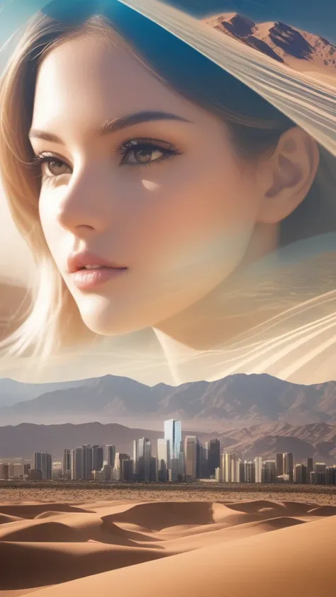 Double Exposure Style,a city postapocaliptic, desert,on the woman face,double image ghost effect,image combination,double exposure style,1girl,, (masterpiece,best quality,ultra-detailed,very aesthetic, absurdres)