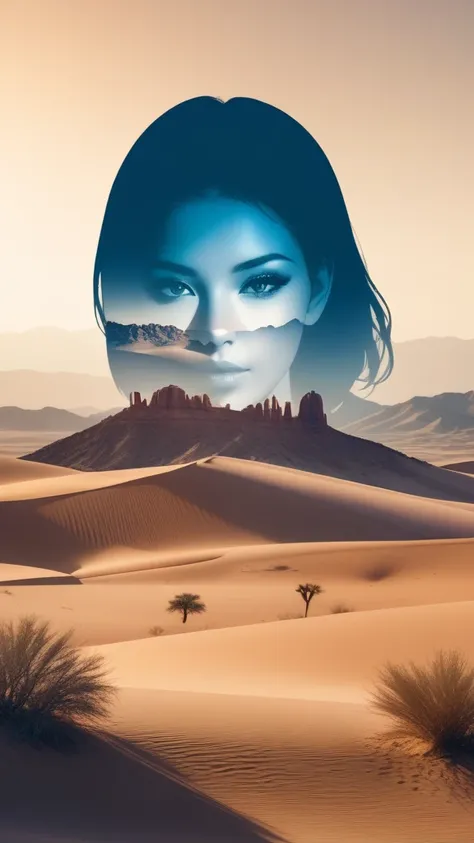 Double Exposure Style,a city postapocaliptic, desert,on the woman face,double image ghost effect,image combination,double exposure style,1girl,, (masterpiece,best quality,ultra-detailed,very aesthetic, absurdres)