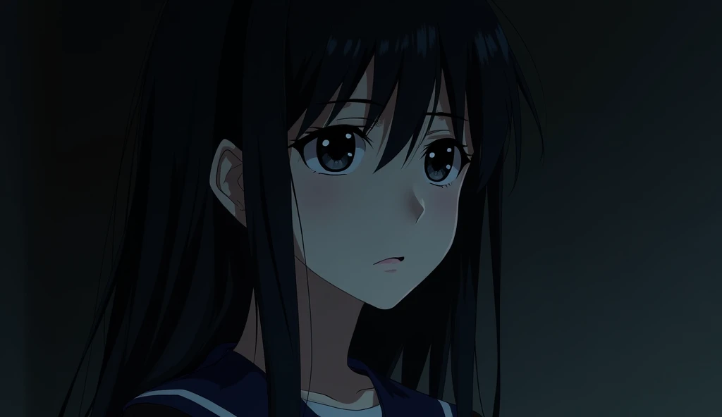 A melancholy  anime schoolgirl, with hauntingly intense black eyes and long black hair cascading over her shoulders. The focus is on her face, framed by a dark background. This detailed portrait captures the complexity of her expression, reinforcing the so...