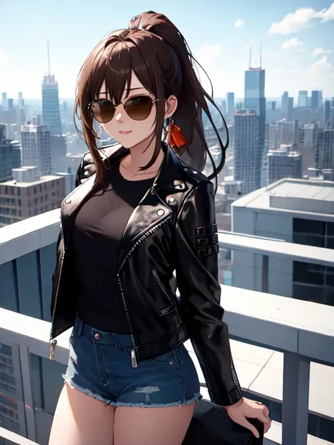 Black Leather Jacket, Background is the rooftop of a high-rise building, sunglasses, Cute face:1.5, Petite:1.5, 15 years old, Long Hair:1.5, ponytail, Brown Hair, Small breasts, uhd, retina, masterpiece, ccurate, anatomically correct, textured skin, super ...