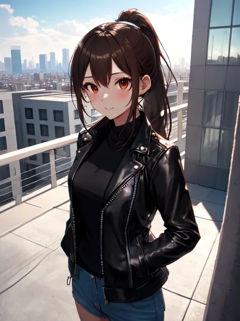 Black Leather Jacket, Background is the rooftop of a high-rise building, sunglasses, Cute face:1.5, Petite:1.5, 15 years old, Long Hair:1.5, ponytail, Brown Hair, Small breasts, uhd, retina, masterpiece, ccurate, anatomically correct, textured skin, super ...