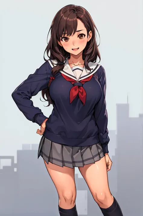 1girl,jk,medium breasts,school uniform,miniskirt,standing,looking viewer,long hair,milf,wave hair,brown hair,socks