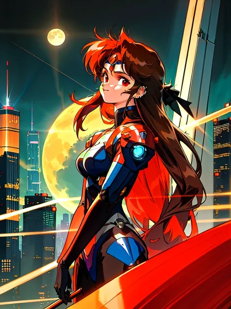 Kenichi Sonoda, retro art-style, 90s Japanese Anime Style, "bubblegum crisis", Sci-fi, Cyberpunk, Neon, Dystopia, (Amid the neon-soaked skyline of towering skyscrapers in mega Tokyo, 20-year-old anime beauty Pris stands alone on a gleaming skyscraper spire...