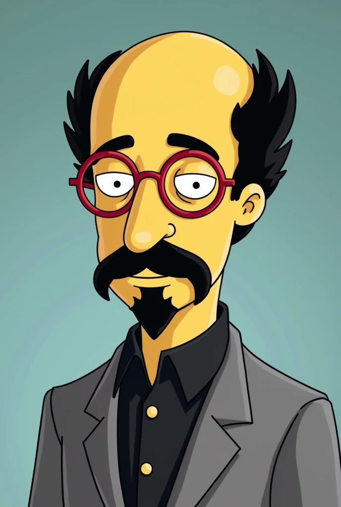 Create the animated character Kirk Evelyn Van Houten with a black goatee, who is Milhouse&#39;s father with little black hair on the periphery and bald in the center of his rounded head with round red-framed glasses with a flat nose and round cheeks . Clos...