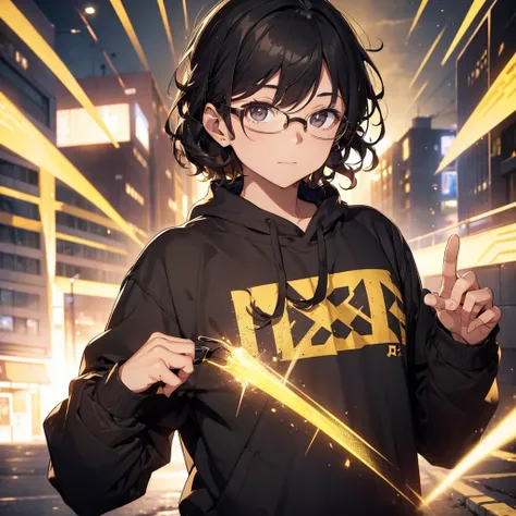 Male He has light power with curly hair wearing glasses and black and gold sweatshirt with defined shape 