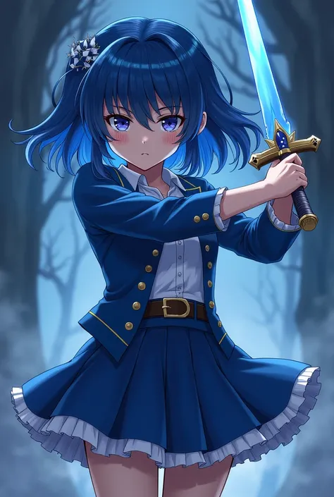 Anime girl kimetsu no yaiba blue hair bangs kimetsu no yaiba hunter uniform in skirt blue sword
