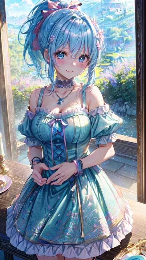 最high quality、Best image quality、masterpiece、With a girl((cute、18-year-old、Best Bust、Medium Bust、Beautiful Blue Eyes、Spread your chest wide,Pastel Hair、ponytail、Disheveled Hair、thin、Highest Valley、Pastel Dress、smile、necklace、Wristband、)）high quality、Beauti...