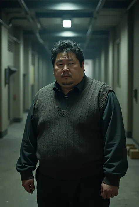 chubby man, japanese, curly hair, sweater vest, unkempt, shady, suspicious, warehouse, clean-shaven, detailed facial features, high quality, 8k, photorealistic, dramatic lighting, moody atmosphere, gritty urban setting, cinematic composition, masterpiece