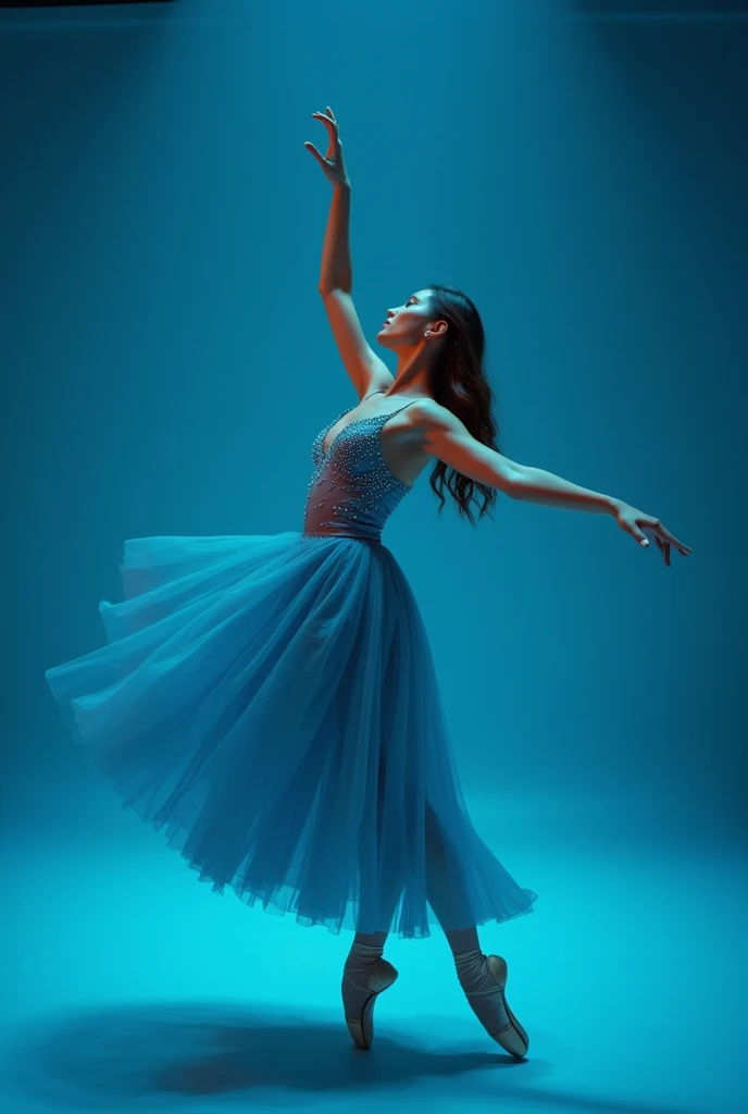 beautiful classical ballet dancer in a semi-sensual studded blue dress, clothes without sensuality blue background blue background blue place everything blue with lighting 